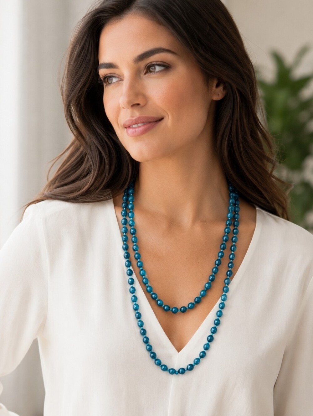 BARSE Teal Dyed Jade Knotted Beaded Long Necklace